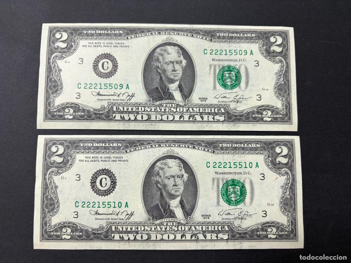 Billetes extranjeros: PAREJA DE BILLETES CORRELATIVOS. 2 D&Oacute;LARES. EEUU. 1976. PLANCHA. VER FOTOS