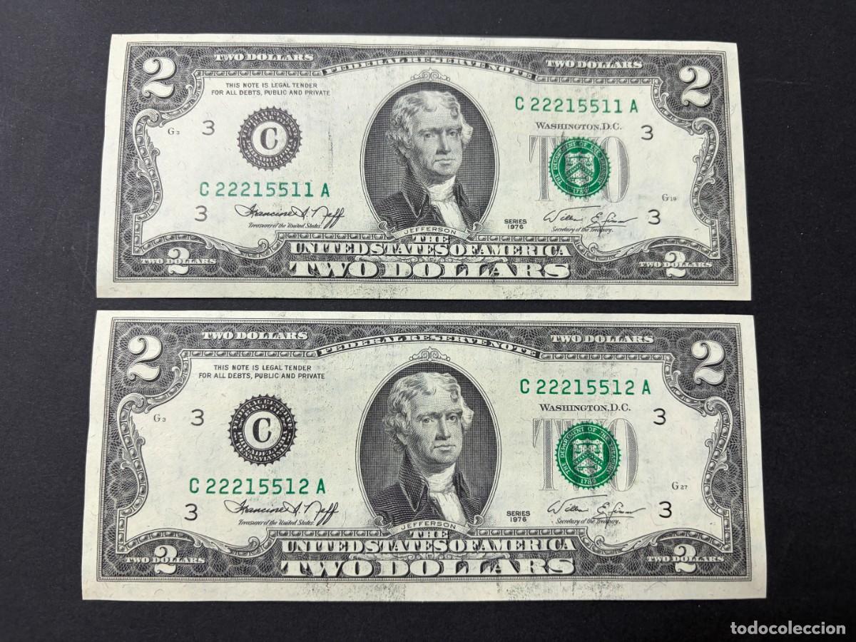 Billetes extranjeros: PAREJA DE BILLETES CORRELATIVOS. 2 D&Oacute;LARES. EEUU. 1976. PLANCHA. VER FOTOS