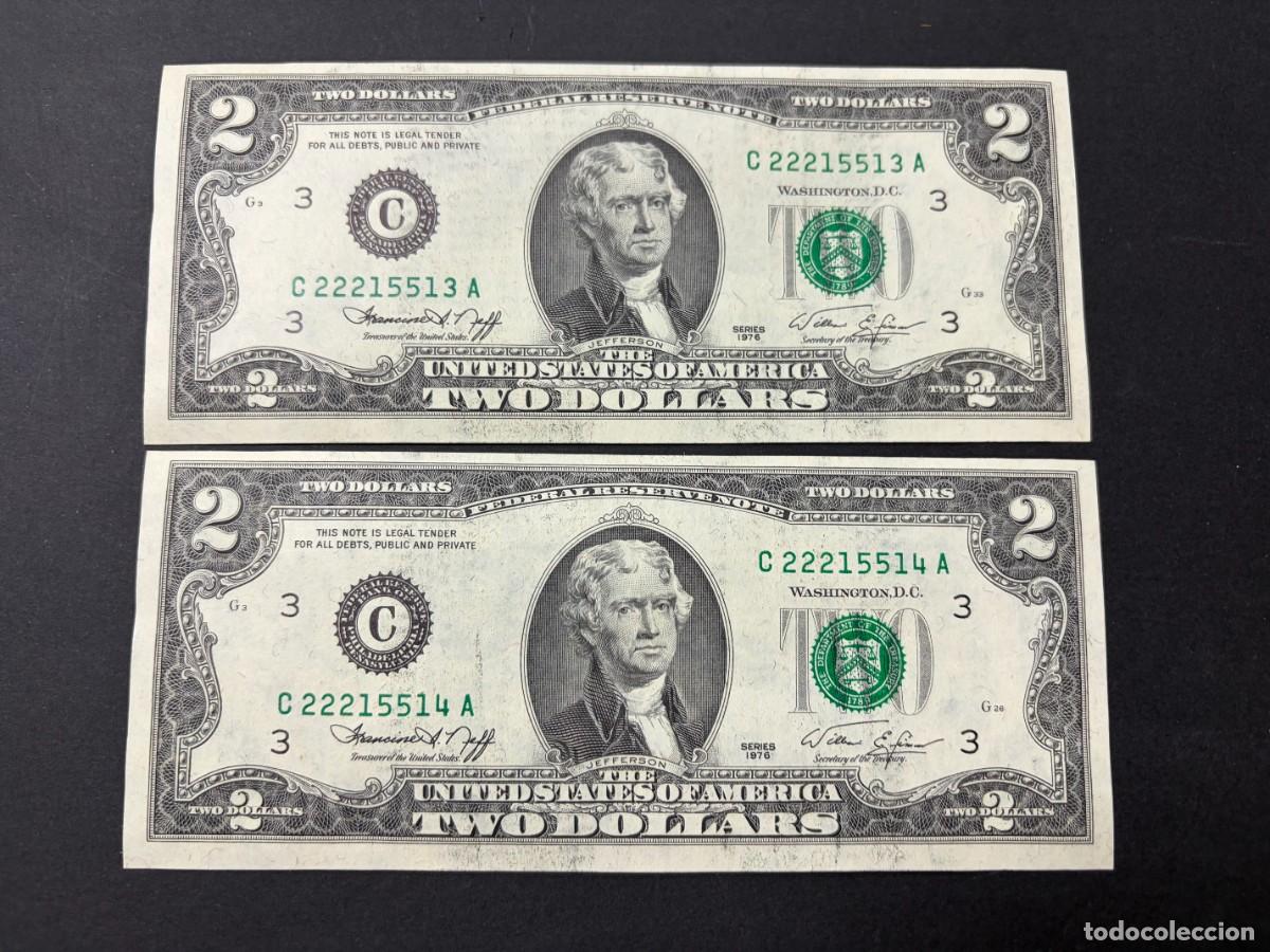 Billetes extranjeros: PAREJA DE BILLETES CORRELATIVOS. 2 D&Oacute;LARES. EEUU. 1976. PLANCHA. VER FOTOS