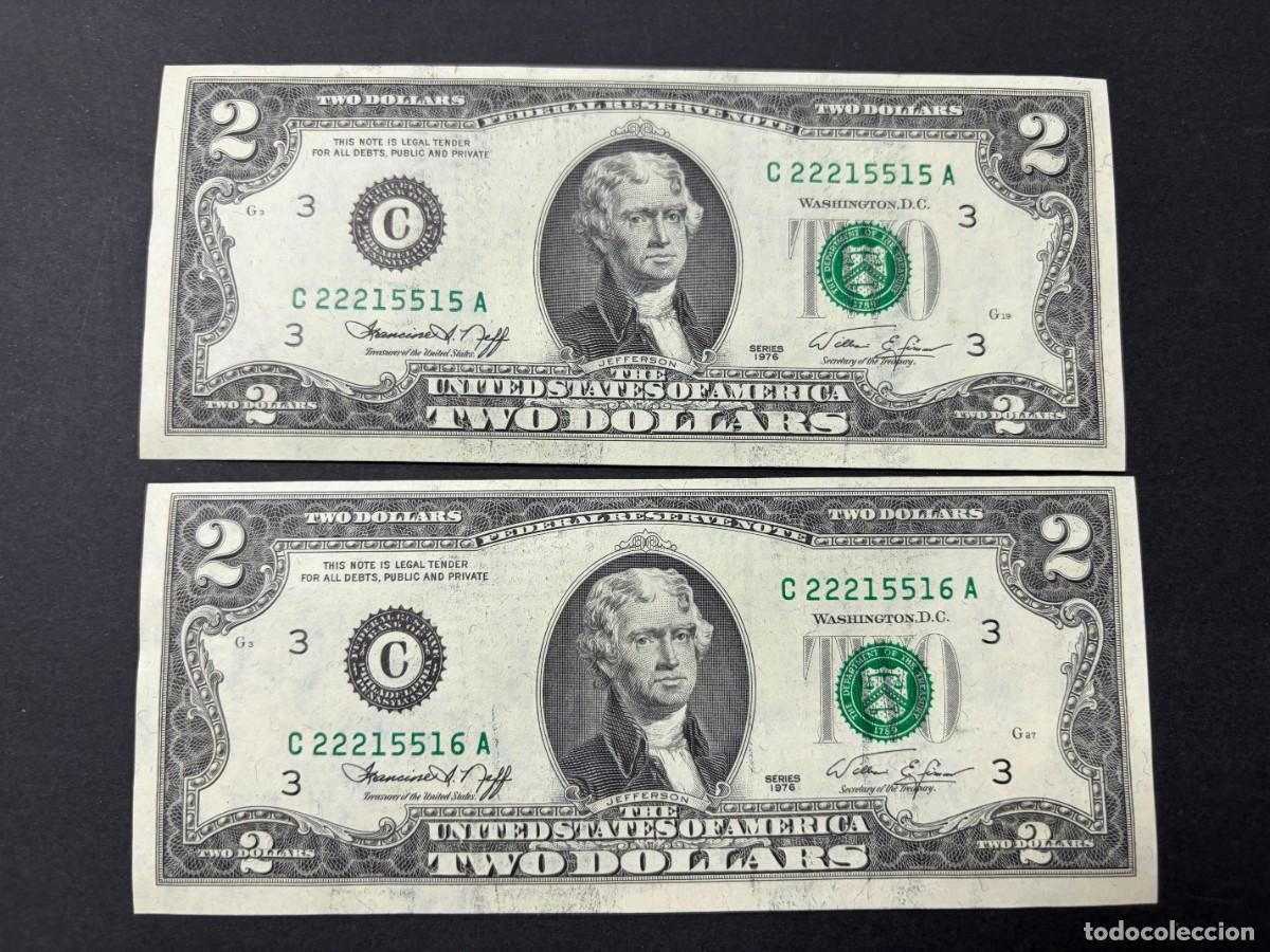 Billetes extranjeros: PAREJA DE BILLETES CORRELATIVOS. 2 D&Oacute;LARES. EEUU. 1976. PLANCHA. VER FOTOS
