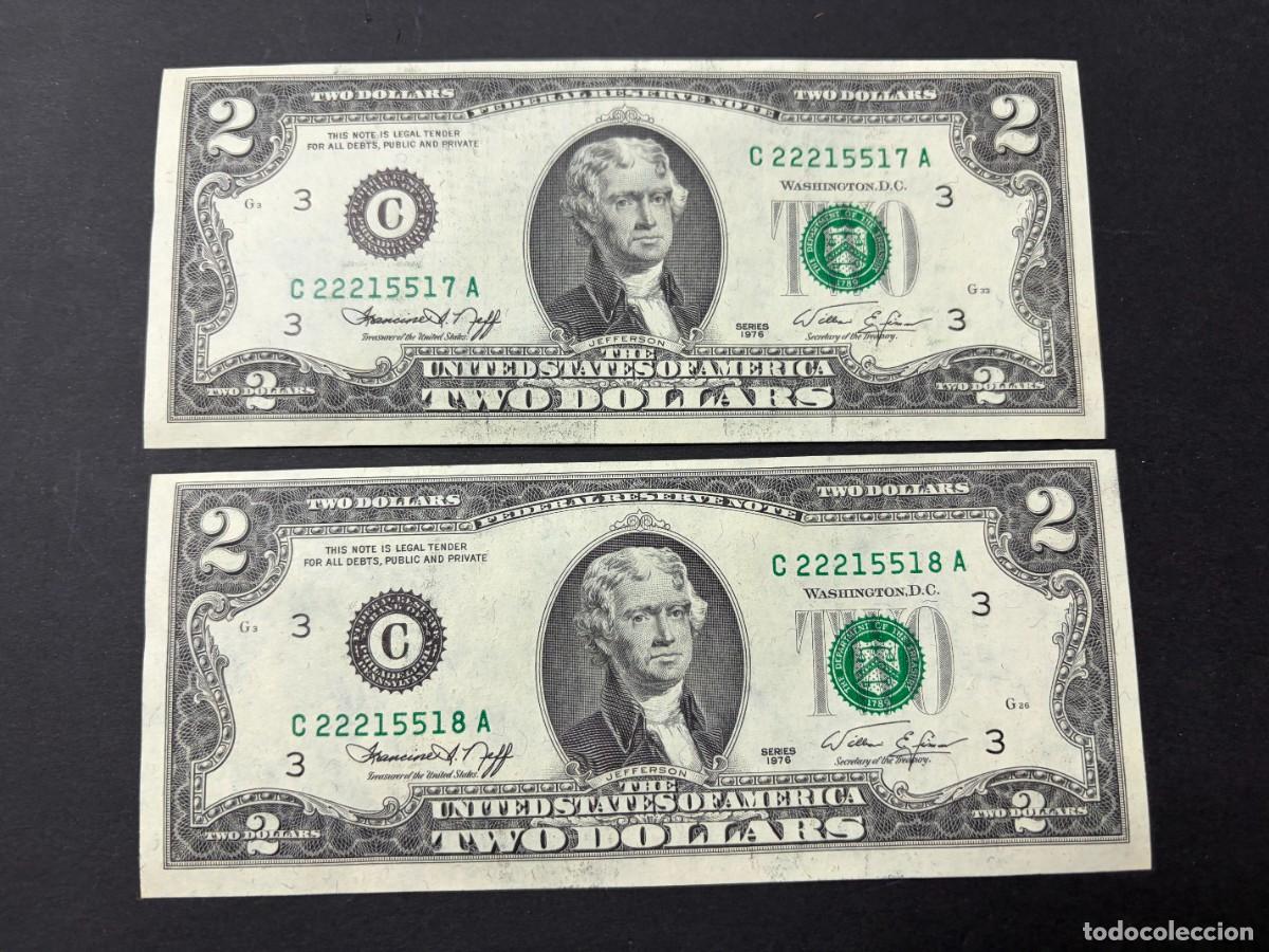 Billetes extranjeros: PAREJA DE BILLETES CORRELATIVOS. 2 D&Oacute;LARES. EEUU. 1976. PLANCHA. VER FOTOS