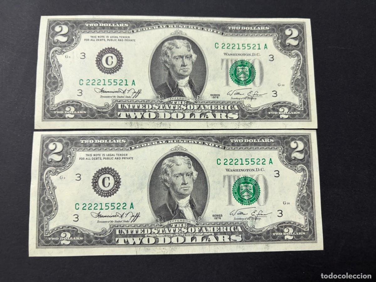 Billetes extranjeros: PAREJA DE BILLETES CORRELATIVOS. 2 D&Oacute;LARES. EEUU. 1976. PLANCHA. VER FOTOS