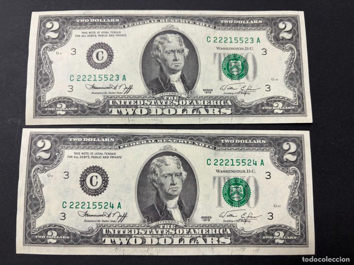 Billetes extranjeros: PAREJA DE BILLETES CORRELATIVOS. 2 D&Oacute;LARES. EEUU. 1976. PLANCHA. VER FOTOS