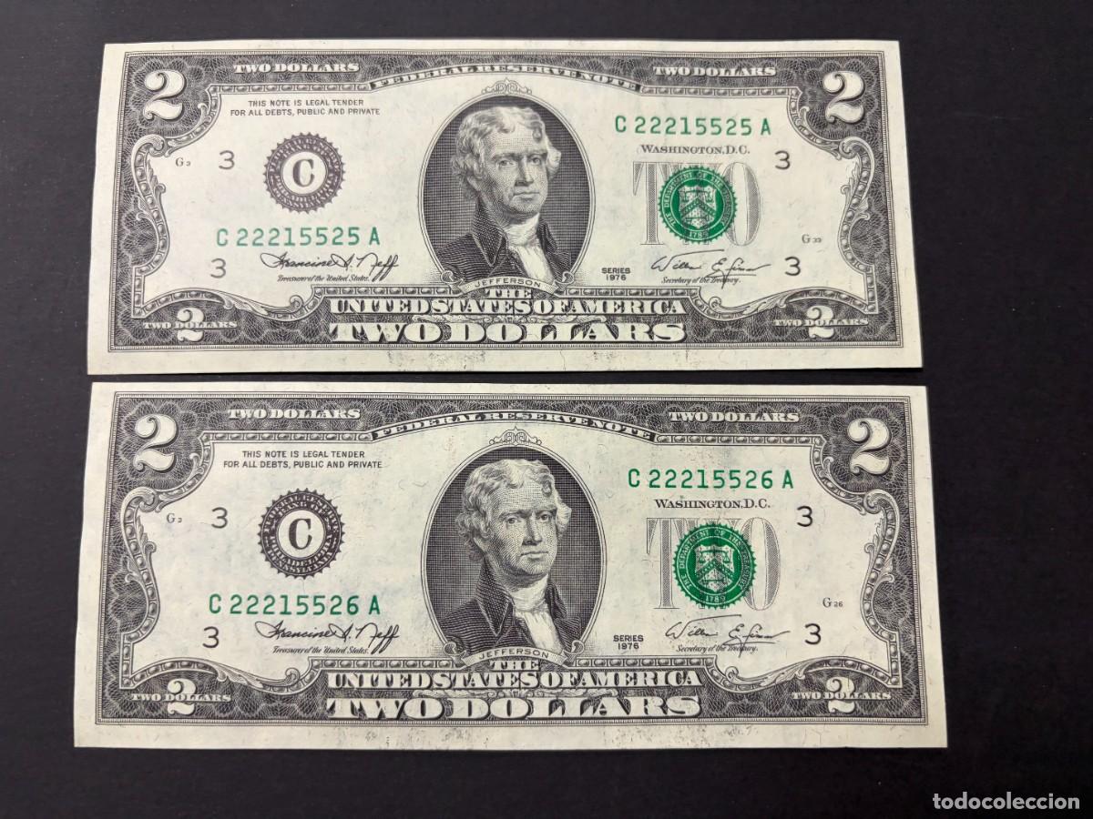 Billetes extranjeros: PAREJA DE BILLETES CORRELATIVOS. 2 D&Oacute;LARES. EEUU. 1976. PLANCHA. VER FOTOS