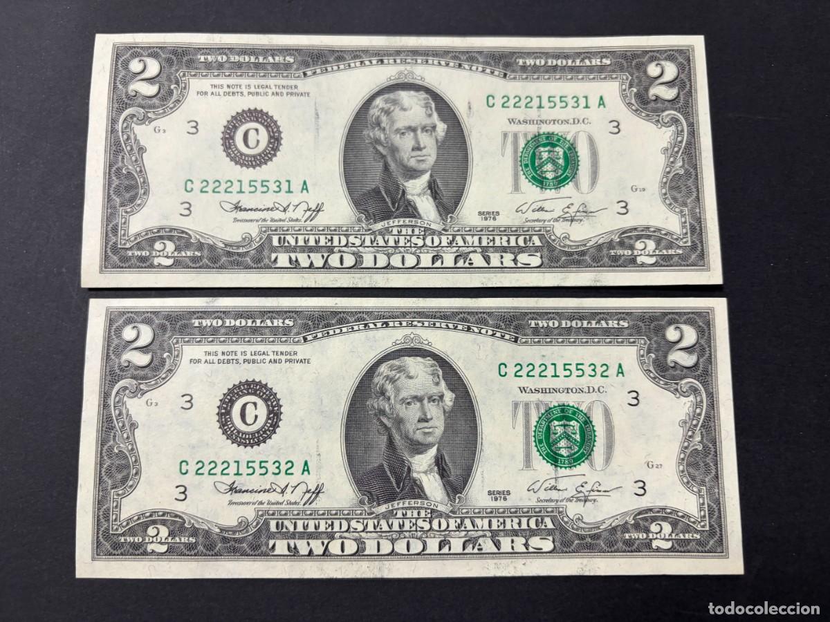 Billetes extranjeros: PAREJA DE BILLETES CORRELATIVOS. 2 D&Oacute;LARES. EEUU. 1976. PLANCHA. VER FOTOS