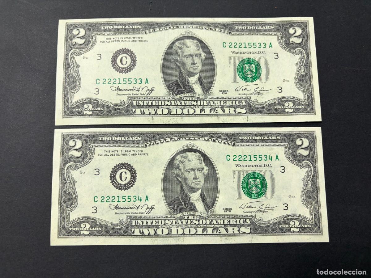 Billetes extranjeros: PAREJA DE BILLETES CORRELATIVOS. 2 D&Oacute;LARES. EEUU. 1976. PLANCHA. VER FOTOS