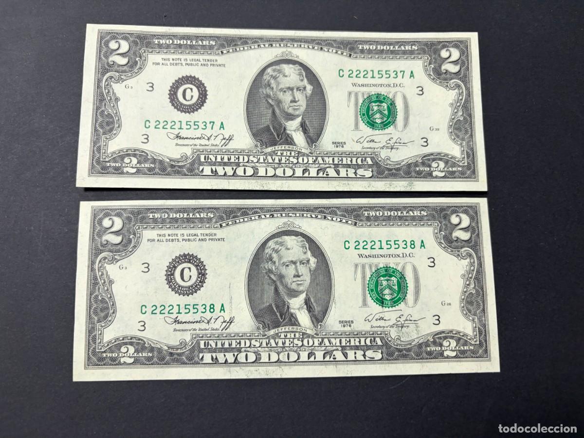 Billetes extranjeros: PAREJA DE BILLETES CORRELATIVOS. 2 D&Oacute;LARES. EEUU. 1976. PLANCHA. VER FOTOS