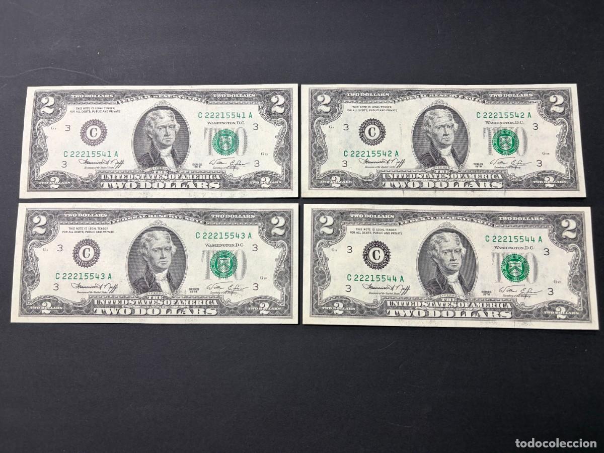 Billetes extranjeros: LOTE DE 4 BILLETES CORRELATIVOS. 2 D&Oacute;LARES. EEUU. 1976. PLANCHA. VER FOTOS