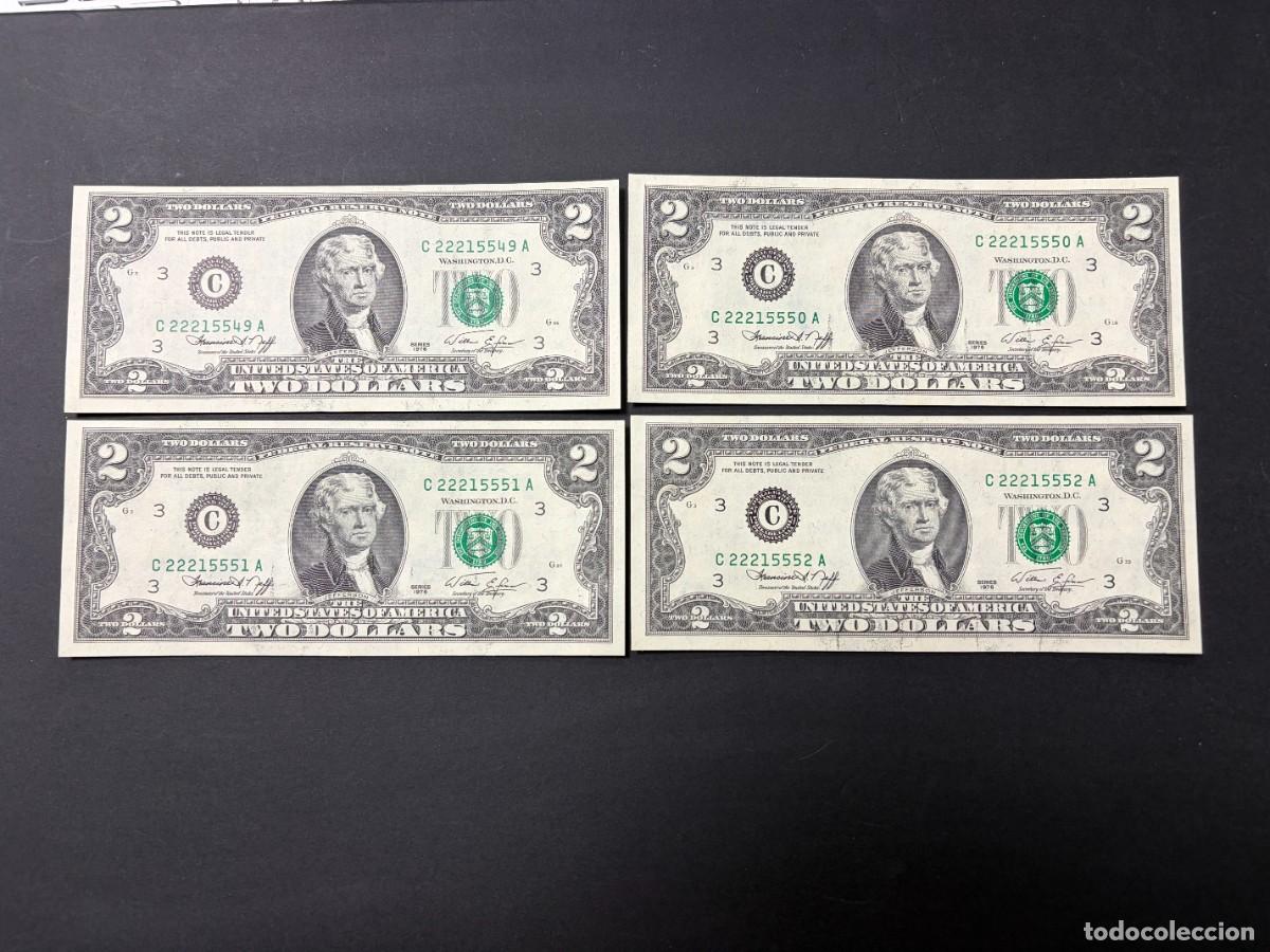Billetes extranjeros: LOTE DE 4 BILLETES CORRELATIVOS. 2 D&Oacute;LARES. EEUU. 1976. PLANCHA. VER FOTOS