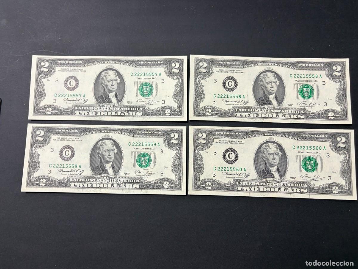 Billetes extranjeros: LOTE DE 4 BILLETES CORRELATIVOS. 2 D&Oacute;LARES. EEUU. 1976. PLANCHA. VER FOTOS