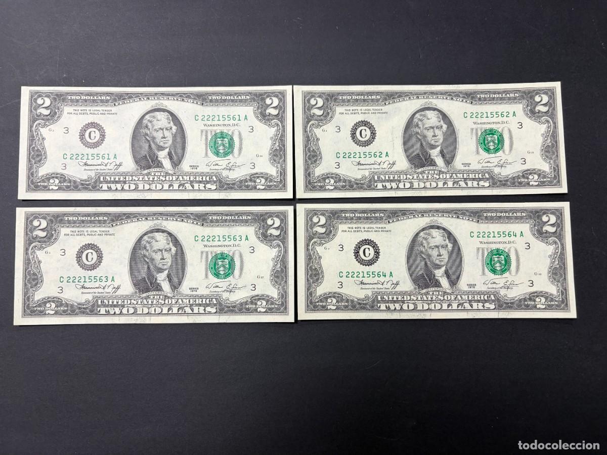 Billetes extranjeros: LOTE DE 4 BILLETES CORRELATIVOS. 2 D&Oacute;LARES. EEUU. 1976. PLANCHA. VER FOTOS