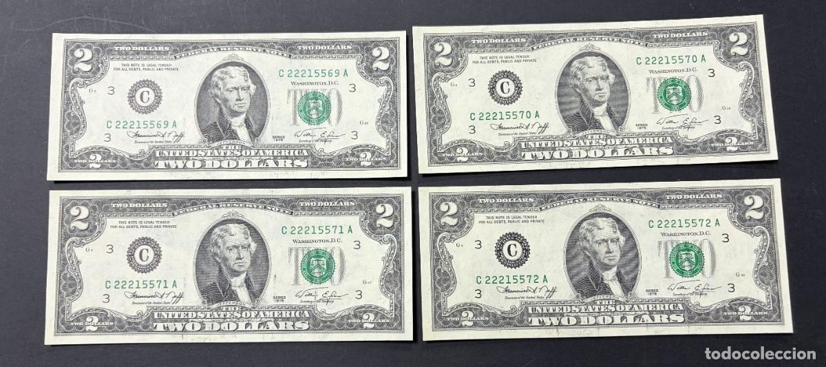 Billetes extranjeros: LOTE DE 4 BILLETES CORRELATIVOS. 2 D&Oacute;LARES. EEUU. 1976. PLANCHA. VER FOTOS