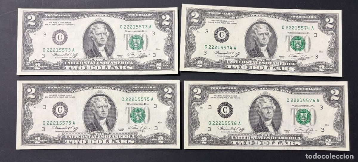Billetes extranjeros: LOTE DE 4 BILLETES CORRELATIVOS. 2 D&Oacute;LARES. EEUU. 1976. PLANCHA. VER FOTOS