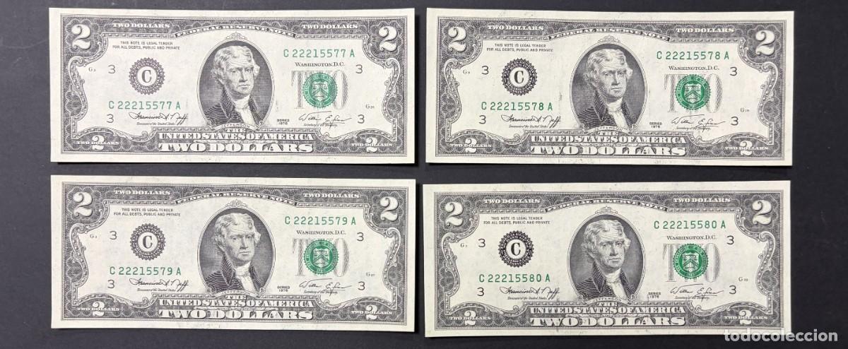 Billetes extranjeros: LOTE DE 4 BILLETES CORRELATIVOS. 2 D&Oacute;LARES. EEUU. 1976. PLANCHA. VER FOTOS