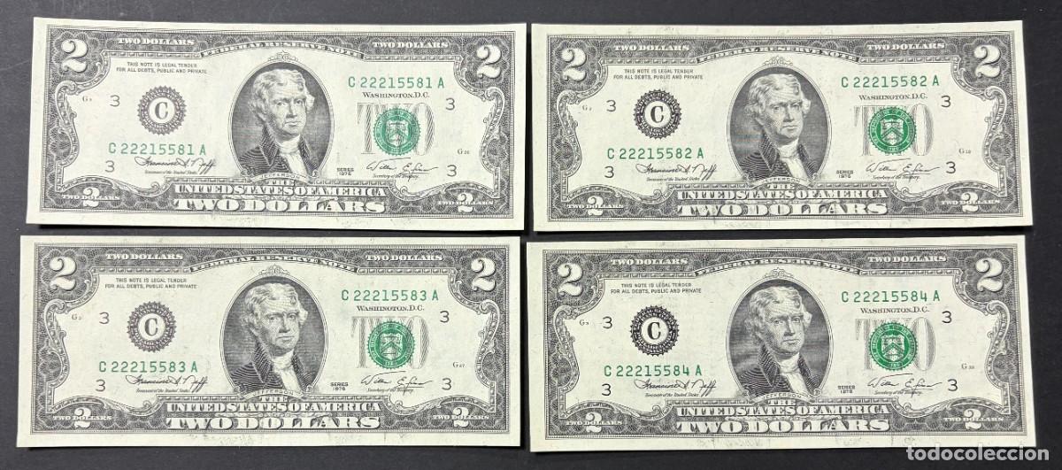 Billetes extranjeros: LOTE DE 4 BILLETES CORRELATIVOS. 2 D&Oacute;LARES. EEUU. 1976. PLANCHA. VER FOTOS