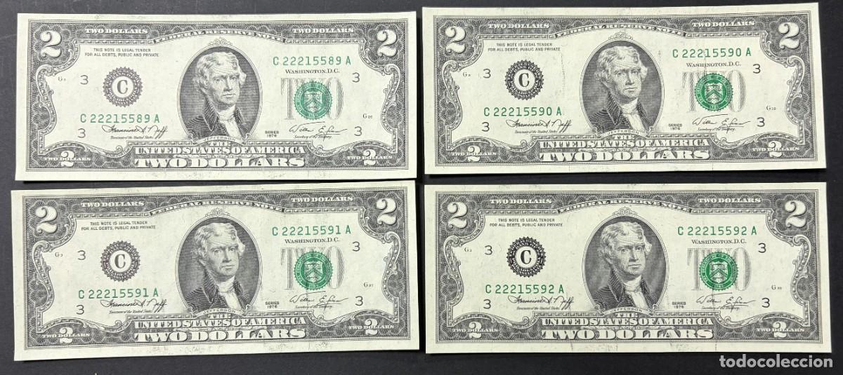 Billetes extranjeros: LOTE DE 4 BILLETES CORRELATIVOS. 2 D&Oacute;LARES. EEUU. 1976. PLANCHA. VER FOTOS