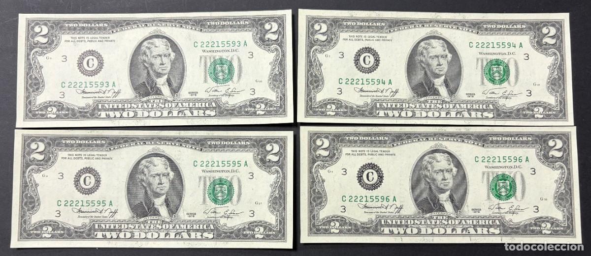Billetes extranjeros: LOTE DE 4 BILLETES CORRELATIVOS. 2 D&Oacute;LARES. EEUU. 1976. PLANCHA. VER FOTOS