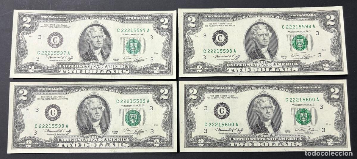 Billetes extranjeros: LOTE DE 4 BILLETES CORRELATIVOS. 2 D&Oacute;LARES. EEUU. 1976. PLANCHA. VER FOTOS