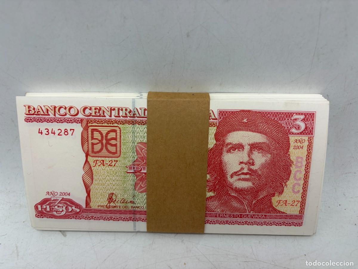 Billetes extranjeros: TACO DE 100 BILLETES DE CUBA. CH&Eacute;. 3 PESOS. A&Ntilde;O 2004. PLANCHA. VER FOTOS