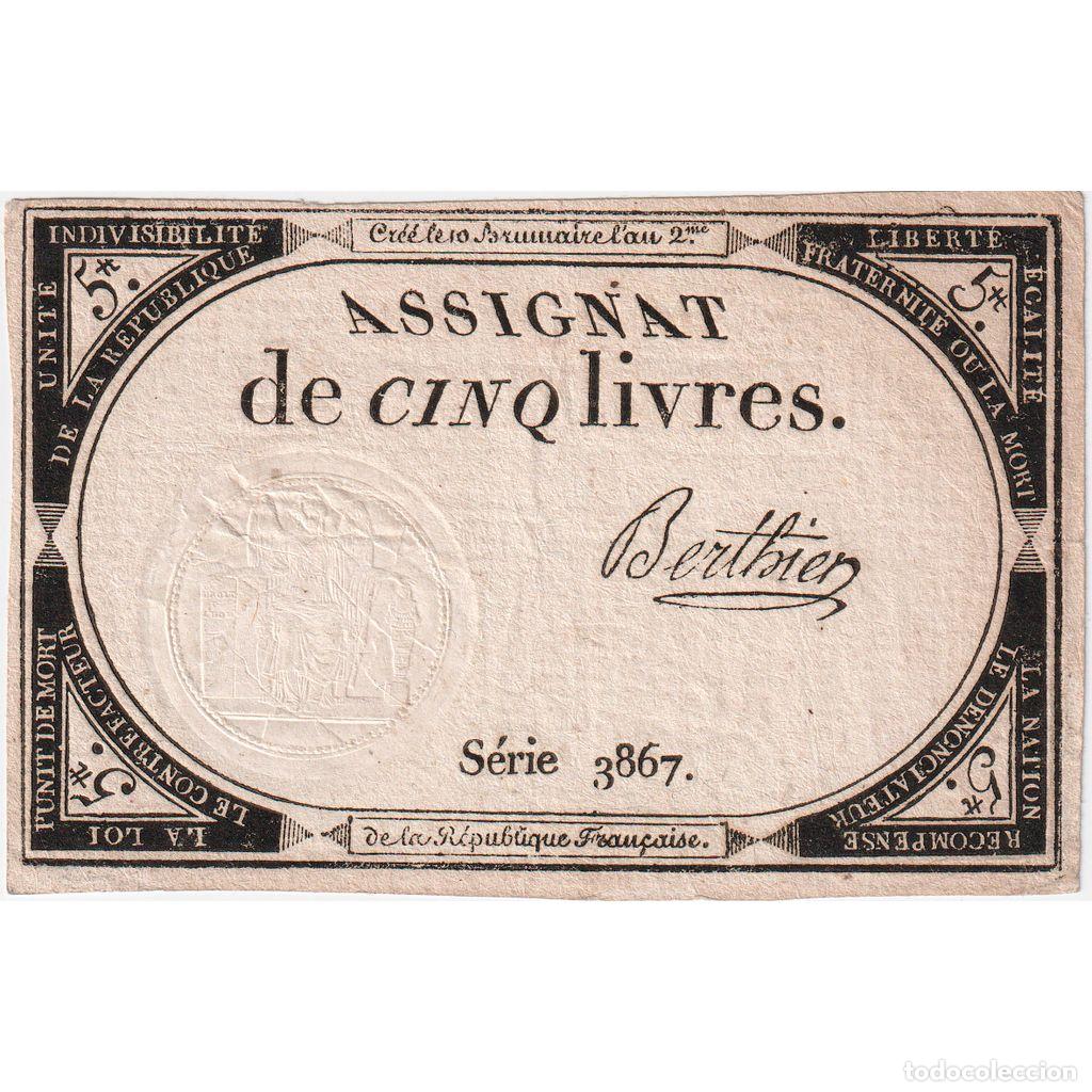 Billetes extranjeros: [#337106] Francia, 5 Livres, 1793, SERIE 3867, MBC