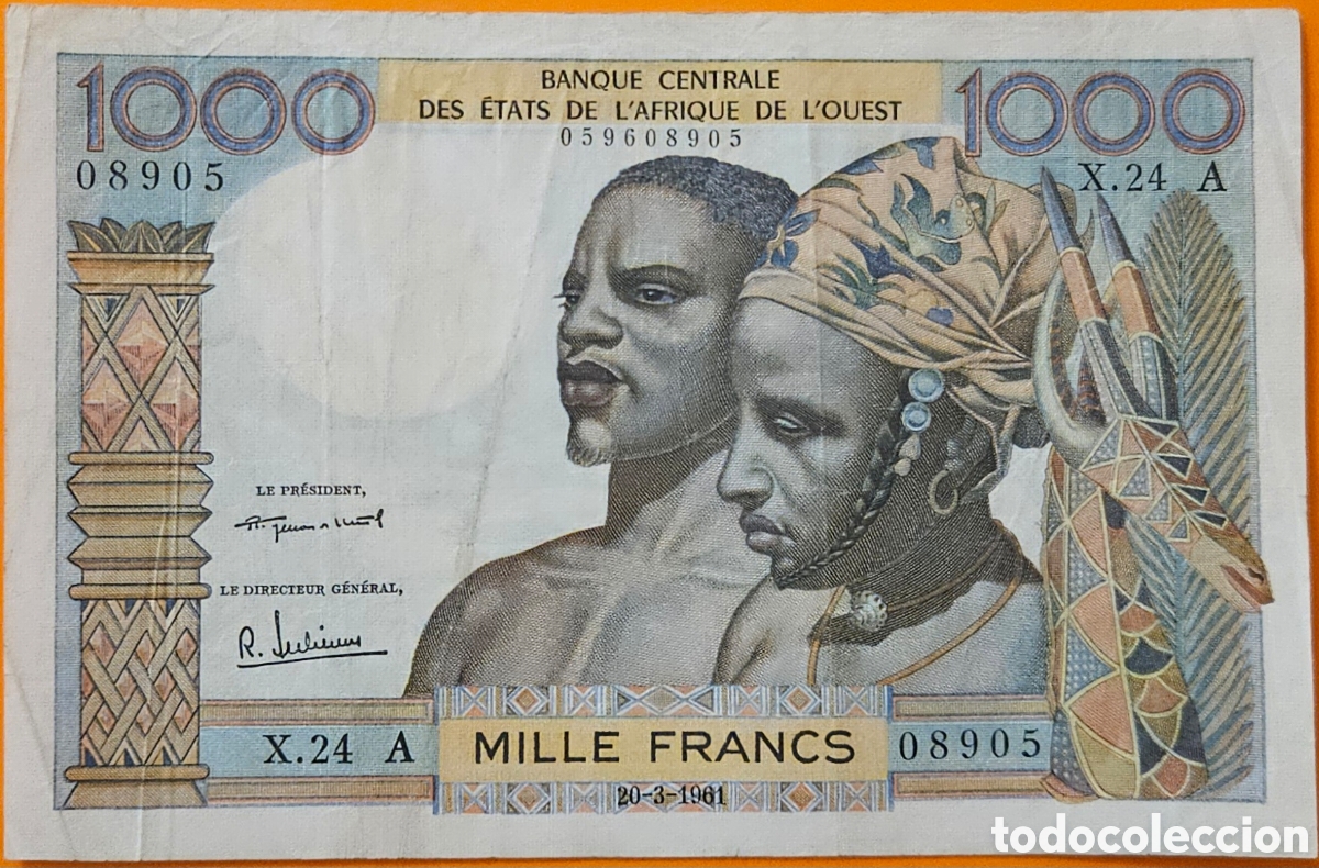 Billetes extranjeros: &Aacute;FRICA DEL OESTE, COSTA DE MARFIL, 1000 FRANCOS, 1959 -1965.