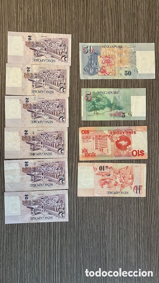 Billetes extranjeros: Lote de 10 Billetes de Singapur &ndash; D&oacute;lares de Singapur &ndash; 2, 5, 10 y 50 Dollars