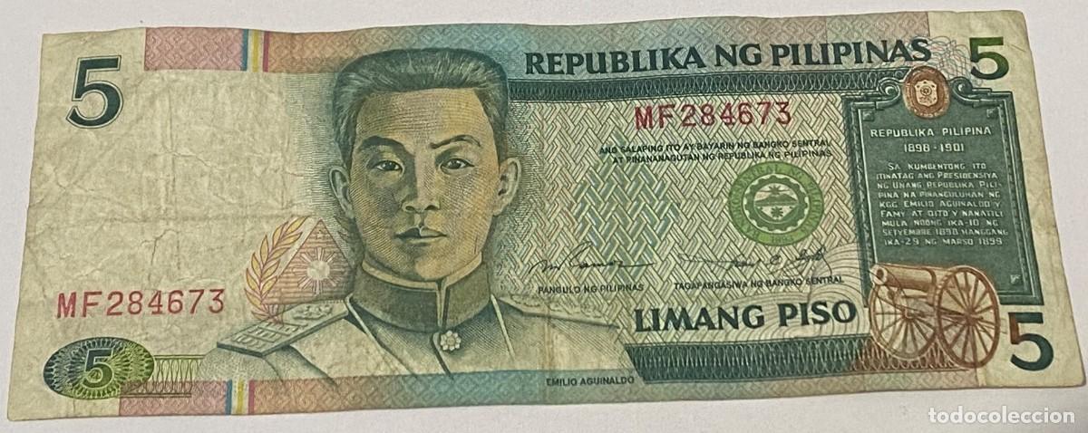 Billetes extranjeros: Billete 1995. 5 Piso. Filipinas. P-180a.2. MBC-. Declaraci&oacute;n Independencia de Espa&ntilde;a. 1898. Firmas:
