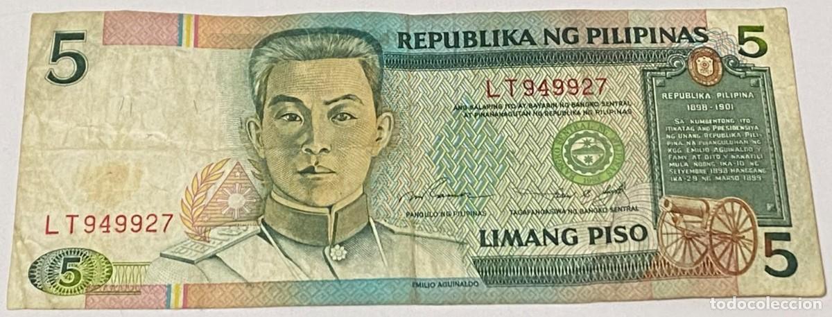 Billetes extranjeros: Billete 1995. 5 Piso. Filipinas. P-180a.2. MBC-. Declaraci&oacute;n Independencia de Espa&ntilde;a. 1898. Firmas:
