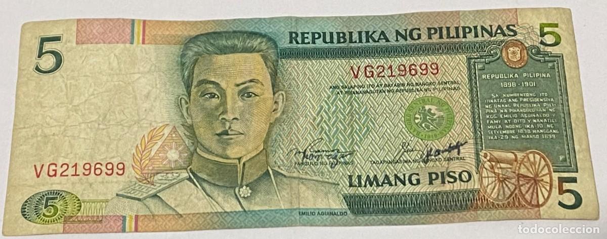 Billetes extranjeros: Billete 1994. 5 Piso. Filipinas. P-168e. MBC. Declaraci&oacute;n Independencia de Espa&ntilde;a. 1898. Firmas: M.