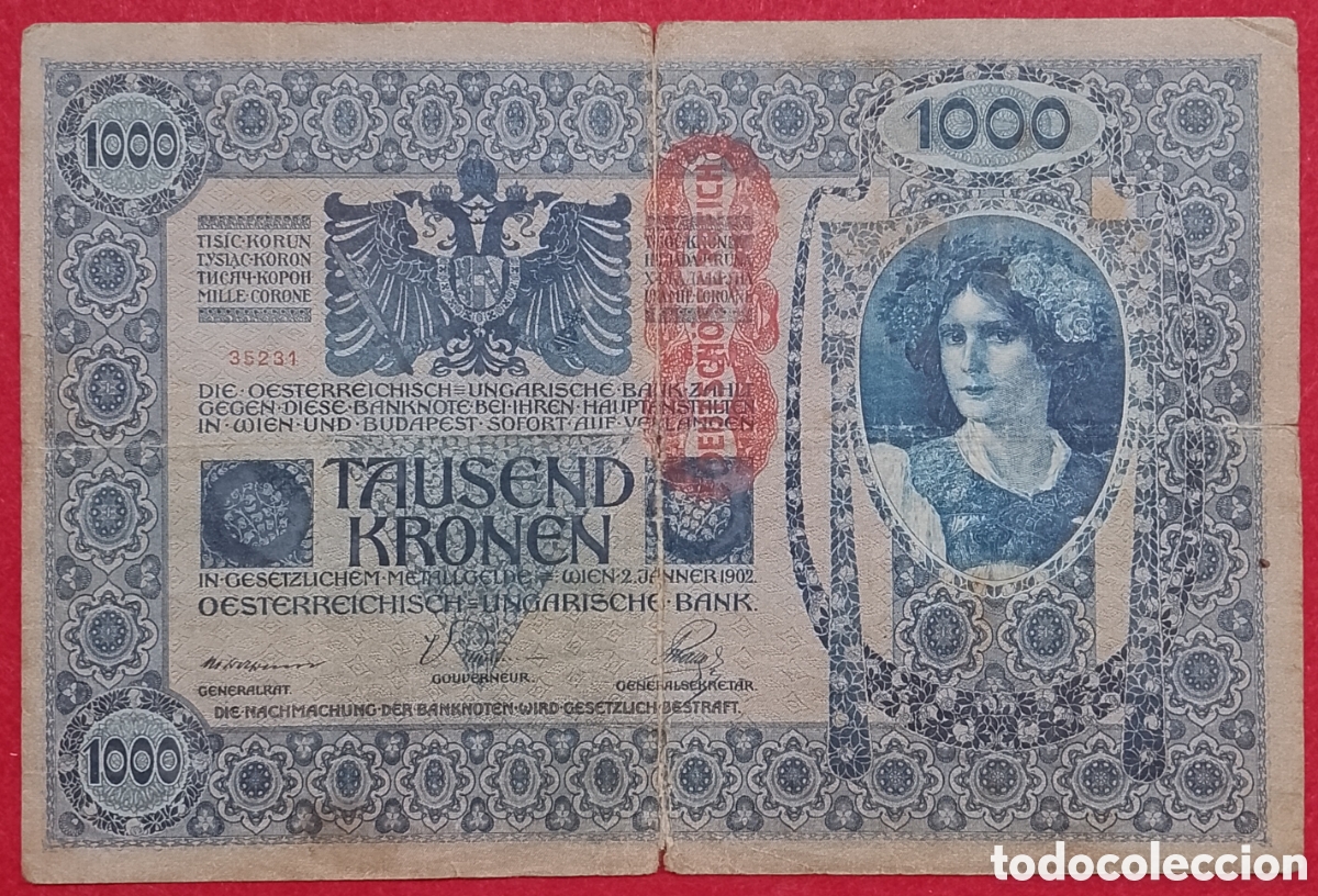 Billetes extranjeros: Billete de Austria 1000 Kronen Pick P#59 1902 sello interino 1919