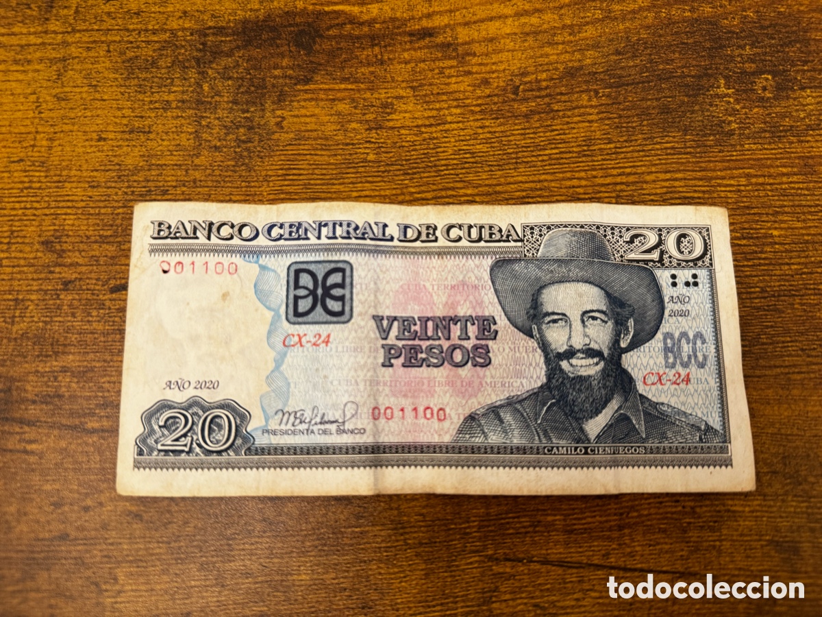 Billetes extranjeros: Billete de 20 pesos 2020 Cuba. Numero de serie binario 001100. Circulado