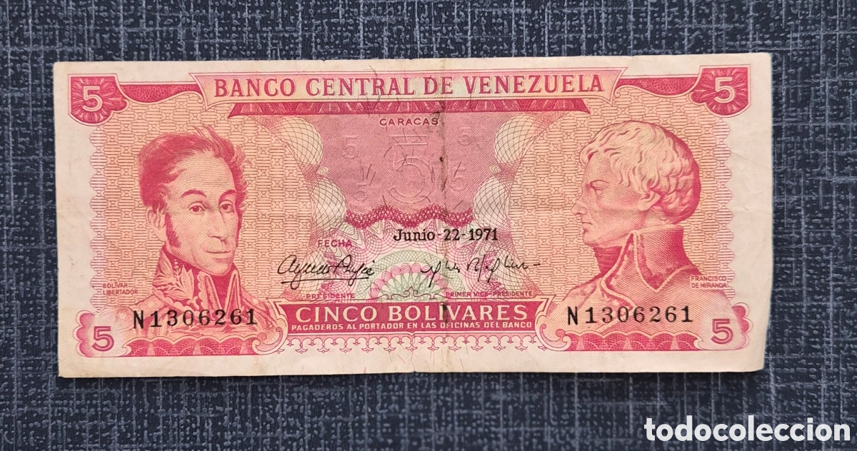 Billetes extranjeros: 5 Bol&iacute;vares 1971 Venezuela &ndash; Sim&oacute;n Bol&iacute;var y Francisco de Miranda &ndash; serie N &ndash; P50e