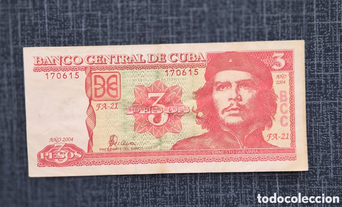 Billetes extranjeros: 3 pesos 2004 Cuba &ndash; Che Guevara &ndash; serie FA-21 &ndash; Banco Central de Cuba &ndash; P127a