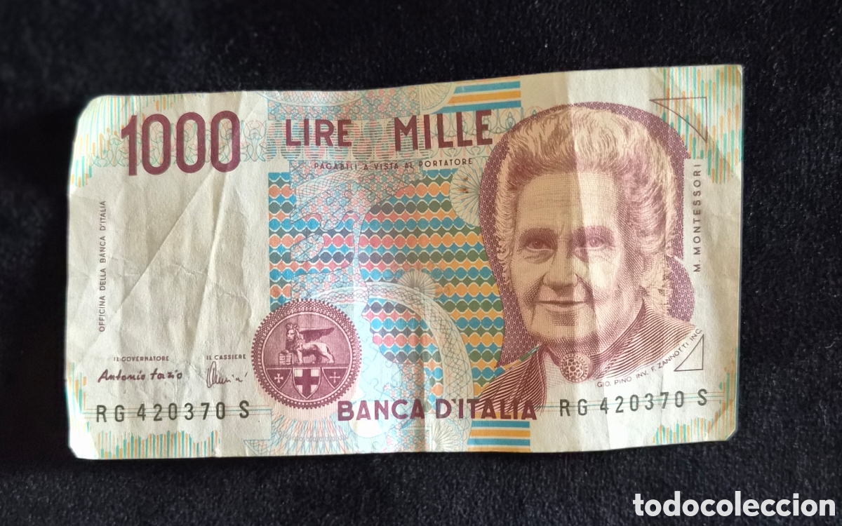Billetes extranjeros: 1.000 Liras Italia &ndash; Maria Montessori &ndash; Banca d&rsquo;Italia &ndash; Serie RG 420370 S &ndash; Pick 114