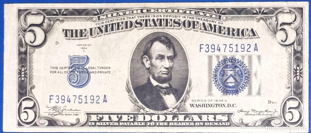 Billetes extranjeros: ESTADOS UNIDOS USA SELLO AZUL MBC+|SOLO ACEPTO PAYPAL| BILLETE $ 5 DOLLARS 1934 LEER DESCRIPCI
