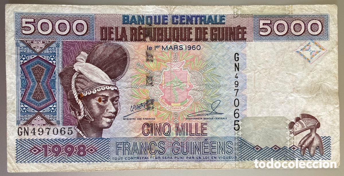 Billetes extranjeros: Rep&uacute;blica de Guinea. 5000 francos. 1998