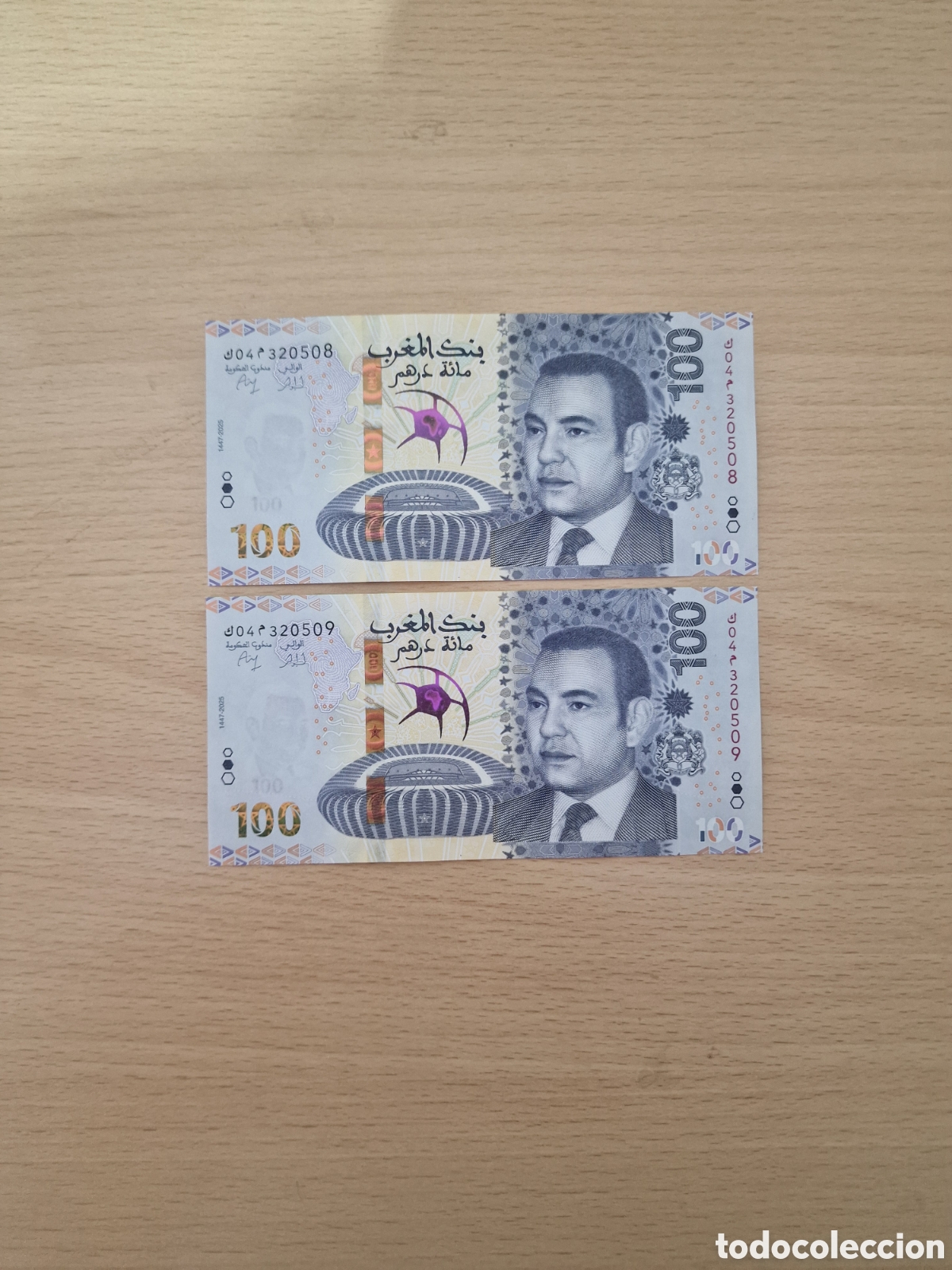 Billetes extranjeros: 2 billetes conmemorativo de 100 Dirhams de Marruecos de 2025