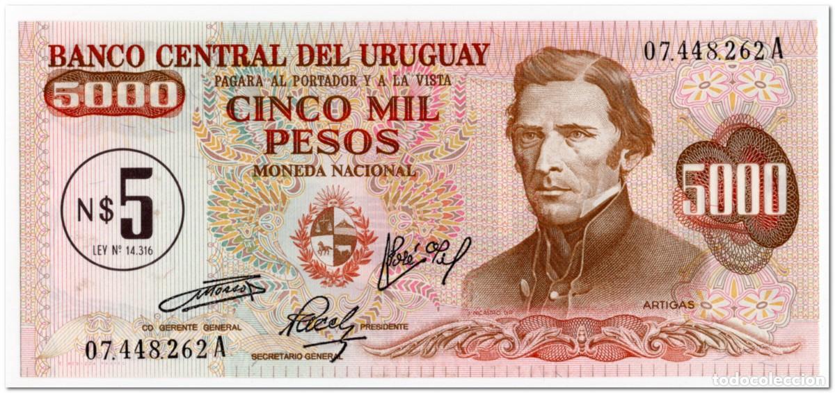 Billetes extranjeros: URUGUAY,5 NUEVOS PESOS ON 5 000 PESOS1975,P.57,UNC