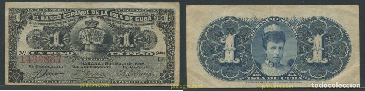 Billetes extranjeros: 9742 CUBA. COLONIA ESPA&Ntilde;OLA 1896 1 PESO BANCO ESPA&Ntilde;OL DE LA ISLA DE CUBA 1896