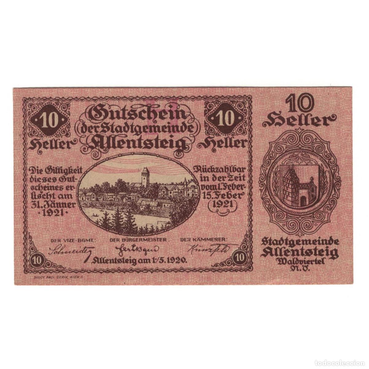 Billetes extranjeros: [#325046] Billete, Austria, Allentsteig N.&Ouml;. Stadtgemeinde, 10 Heller, Texte 6, 1920