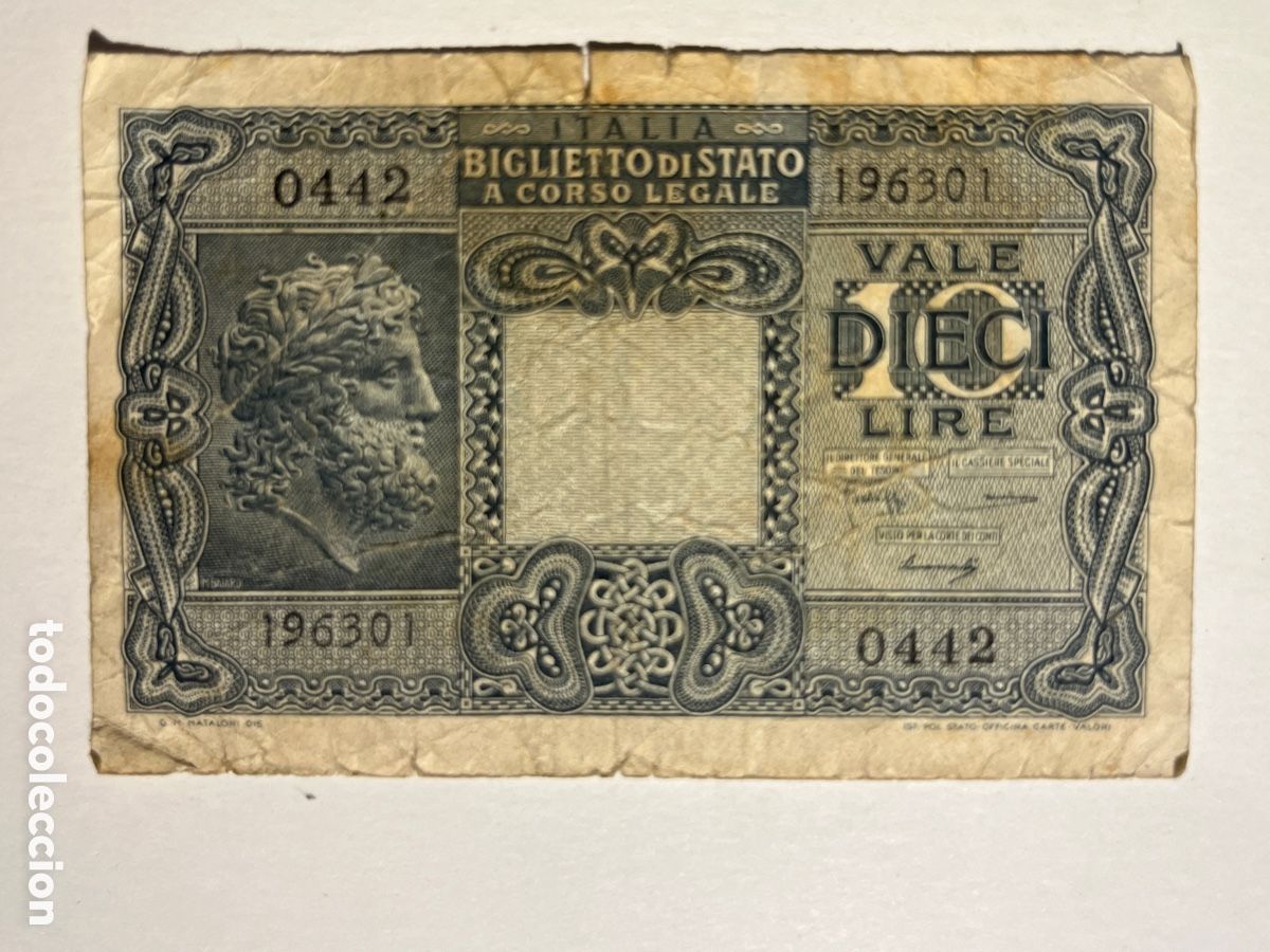Billetes extranjeros: BILLETE. Italia. 10 liras. Dieci Lire. Biglietto di stato a corso legale. 1944. usado