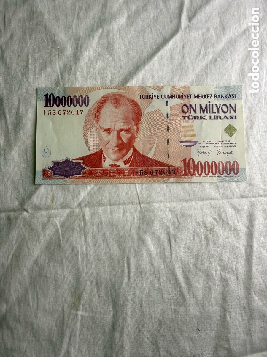 Billetes extranjeros: Billete Turqu&iacute;a 10.000.000 Liras &ndash; Atat&uuml;rk y Mapa de Piri Reis