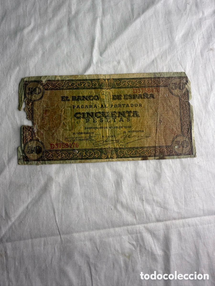 Billetes extranjeros: Billete 50 Pesetas Espa&ntilde;a 1938 Burgos &ndash; Guerra Civil &ndash; Serie D
