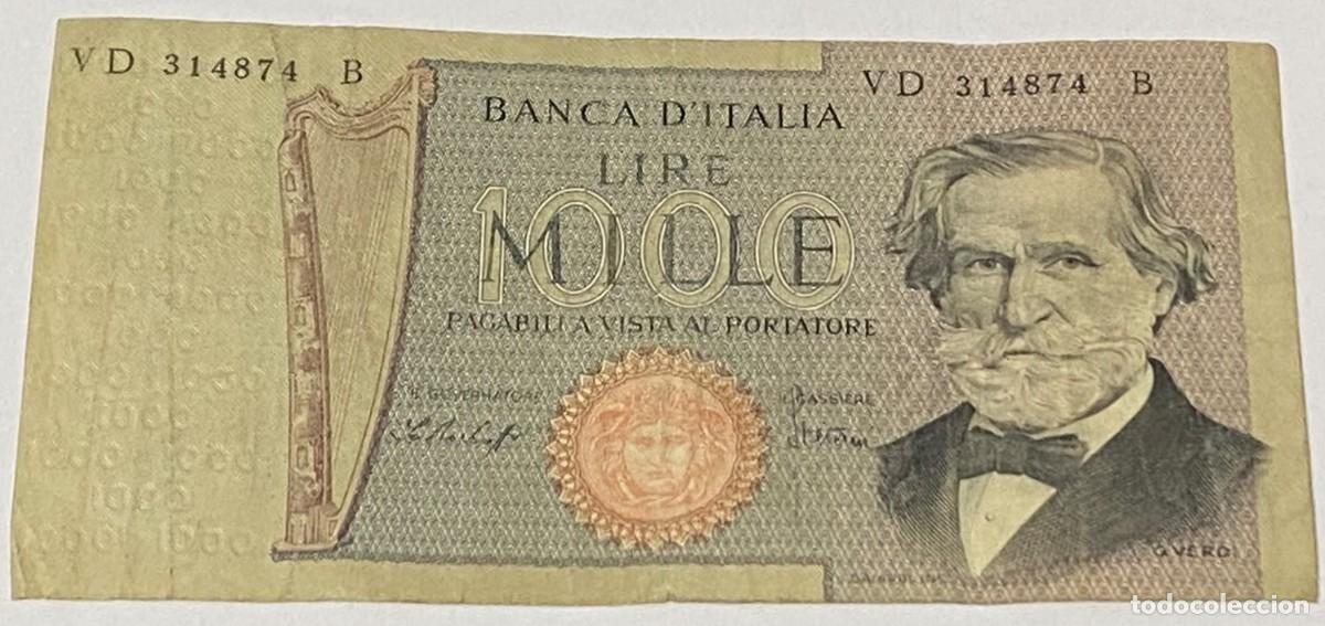 Billetes extranjeros: Billete 1979. 1000 Liras. Italia. P-101f. MBC. M&uacute;sico Giuseppe Verdi. Teatro Alla Scala, Mil&aacute;n. Arpa