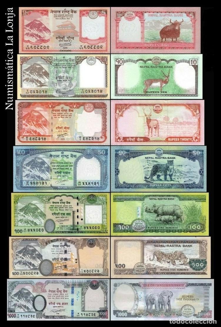 Billetes extranjeros: Nepal Set completo 5 10 20 50 100 500 1000 Rupias Everest 2015-2025 Pick 76-82 Sc Unc