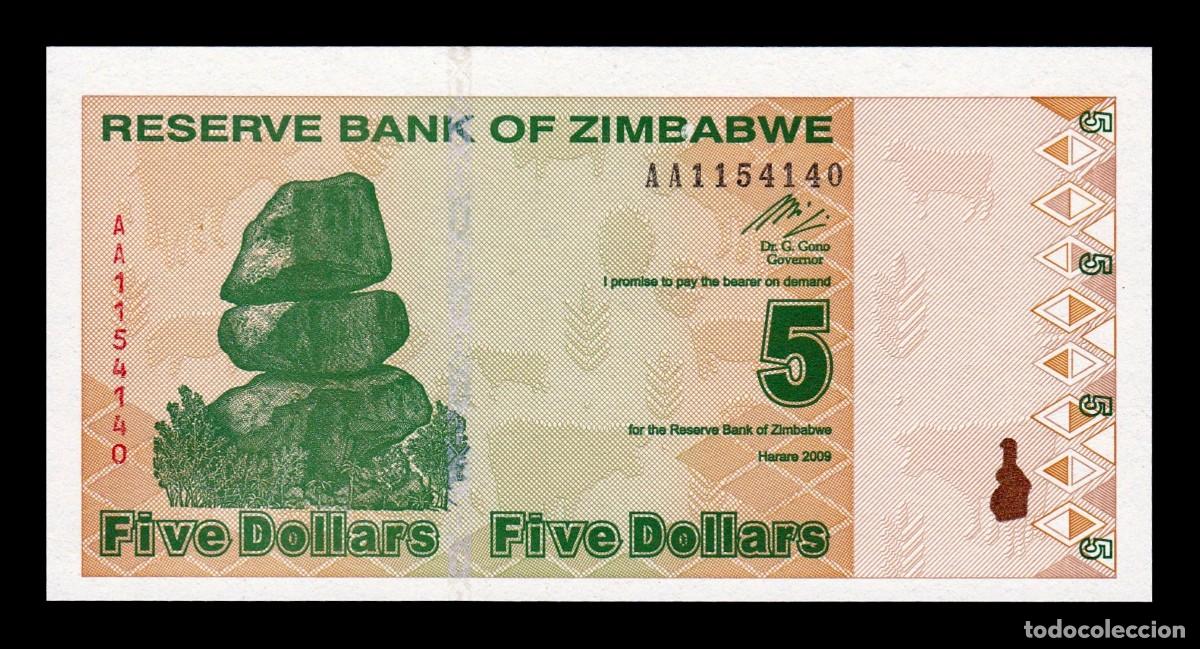 Billetes extranjeros: Zimbabwe 5 D&oacute;lares 2009 Pick 93 Serie AA Sc Unc