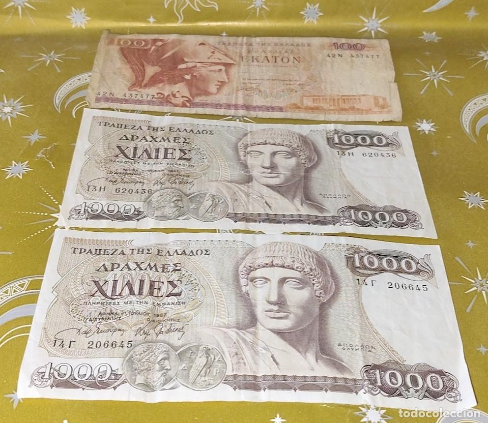 Billetes extranjeros: 3 billetes de Grecia &ndash; 100 y 1.000 dracmas &ndash; 1978/1987 &ndash; Apolo, Disc&oacute;bolo y Korais