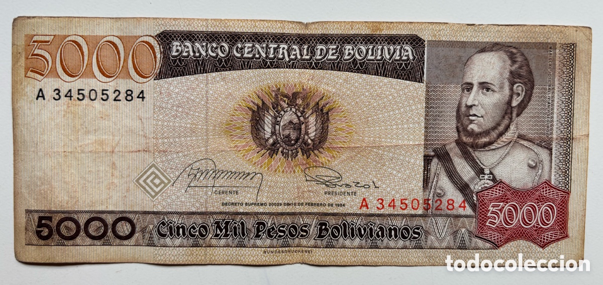 Billetes extranjeros: Billete BOLIVIA 5000 bolivares 1984