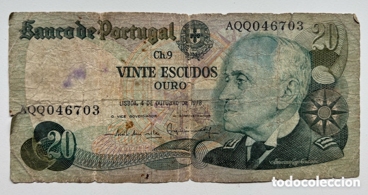 Billetes extranjeros: Billete PORTUGAL 20 Escudos 1978 Octubre . Muy Usado .