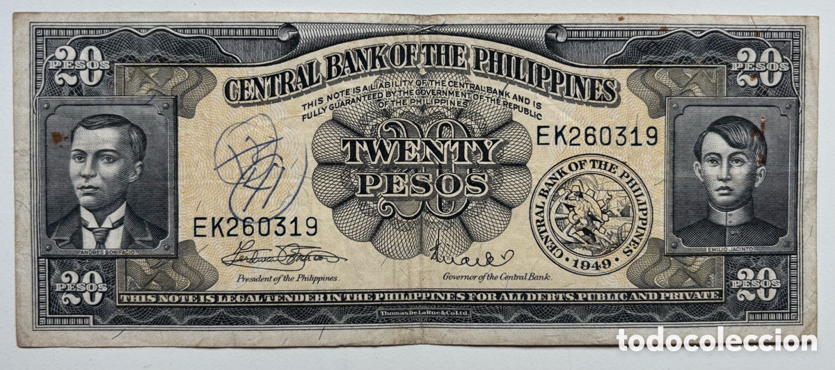 Billetes extranjeros: Billete FILIPINAS 20 Piso 1949. Tinta
